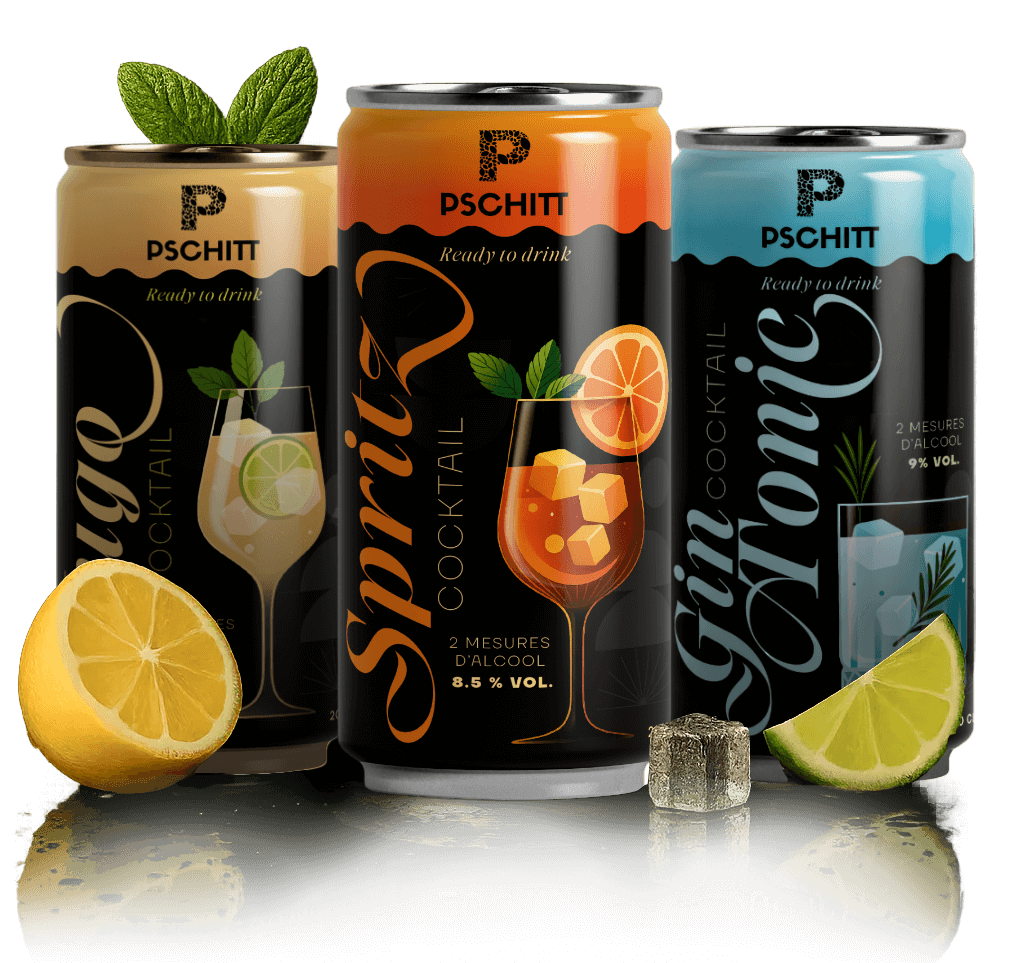 Boissons Pschitt : Spritz, Gin Tonic, Hugo.