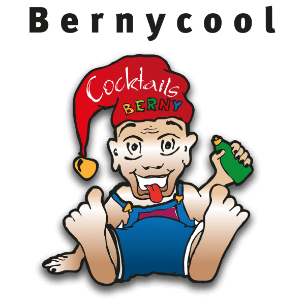 Mascotte bébé cartoon Cocktails Berny tenant bouteille
